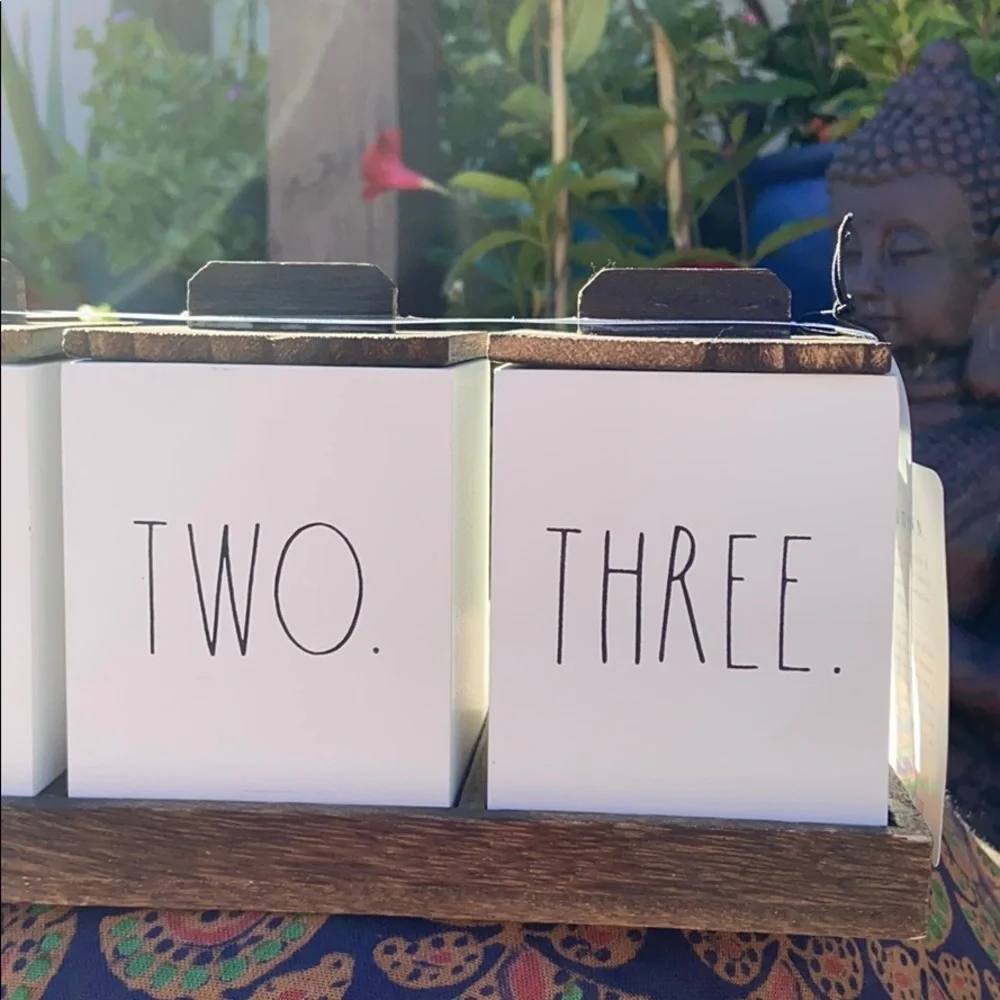 NEW Rae Dunn “ONE. TWO. THREE” 3 Piece Wooden Box Canister Set w/ Tray